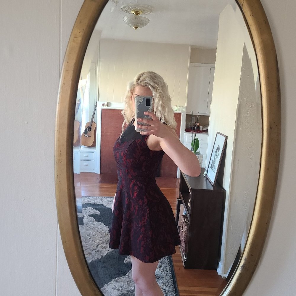 Crimson Dress with Sheer high Neck and Lace Embordered Pattern.